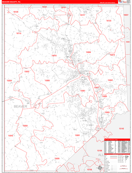 Beaver County, PA Wall Map Red Line Style