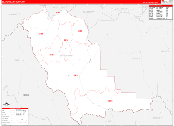 Beaverhead County Digital Map Red Line Style
