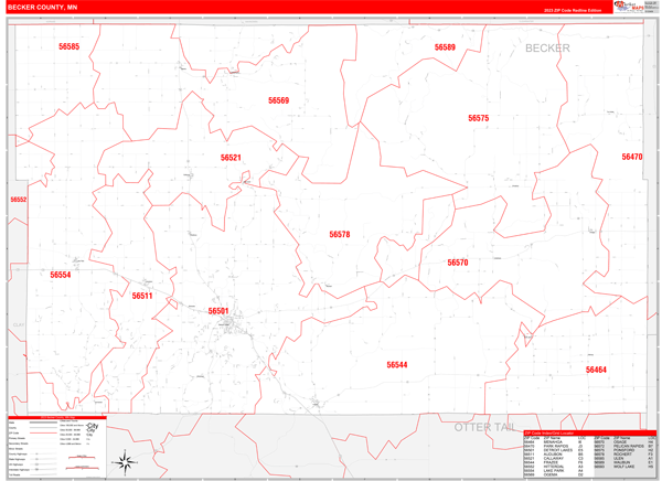 Becker County Wall Map Red Line Style