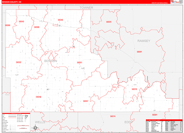 Benson County, ND Wall Map Red Line Style