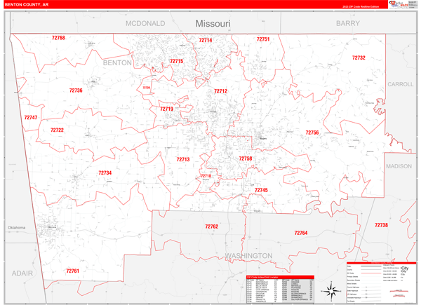Benton County, AR Wall Map Red Line Style