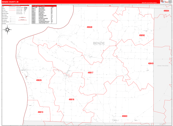 Benzie County, MI Zip Code Wall Map