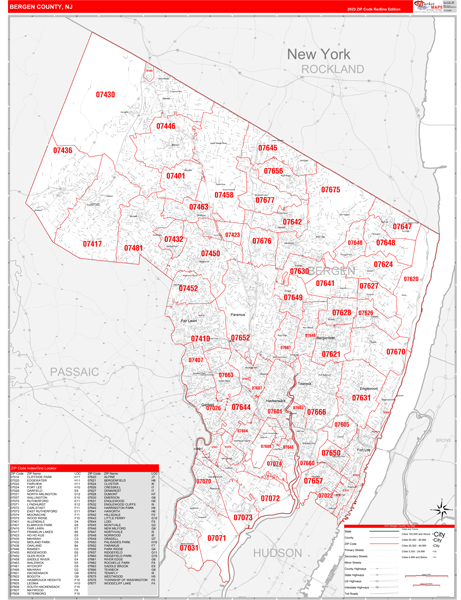 Bergen County Wall Map Red Line Style