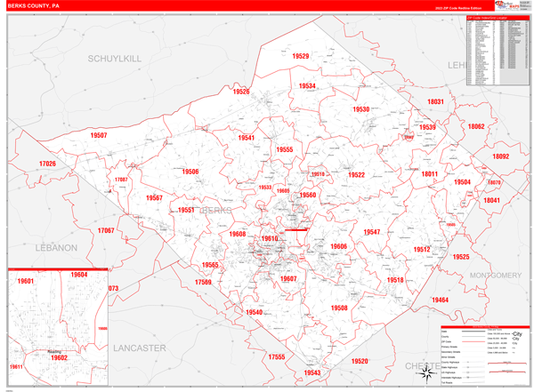 Berks County Wall Map Red Line Style