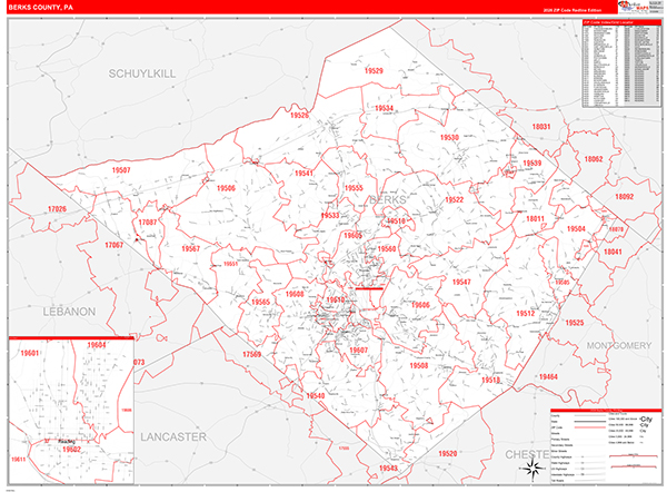 Berks County, PA Zip Code Wall Map