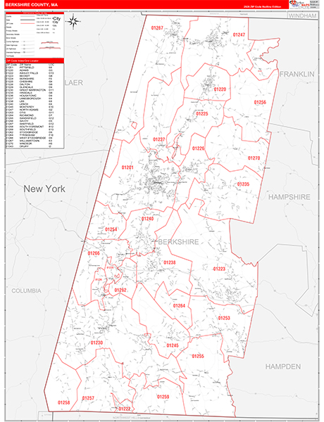 Berkshire County, MA Wall Map Red Line Style