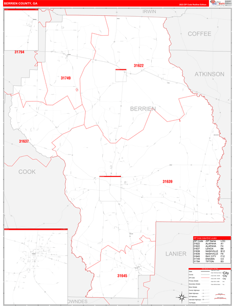 Berrien County, GA Zip Code Wall Map Red Line Style by MarketMAPS