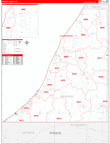 Berrien County Mi Zip Code Wall Map Red Line Style By Marketmaps Mapsales 8353