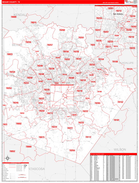 Bexar County Tx Zip Code Wall Map Red Line Style By Marketmaps Mapsales