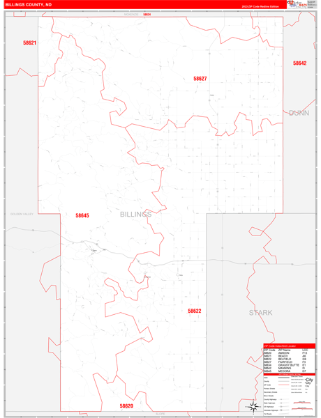 Billings County, ND Wall Map Red Line Style