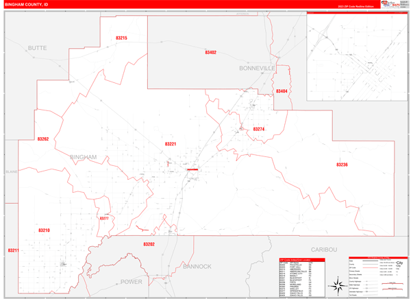 Bingham County Wall Map Red Line Style