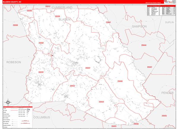 Bladen County, NC Wall Map Red Line Style