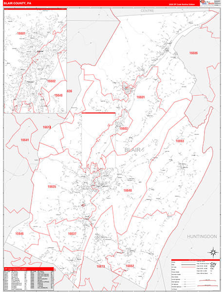 Blair County, PA Wall Map Red Line Style