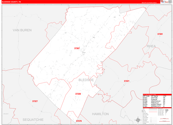 Bledsoe County, TN Zip Code Wall Map Red Line Style by MarketMAPS