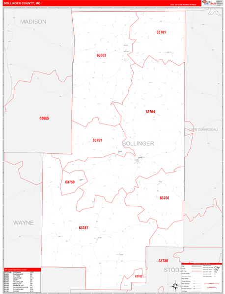 Bollinger County, MO Wall Map Red Line Style