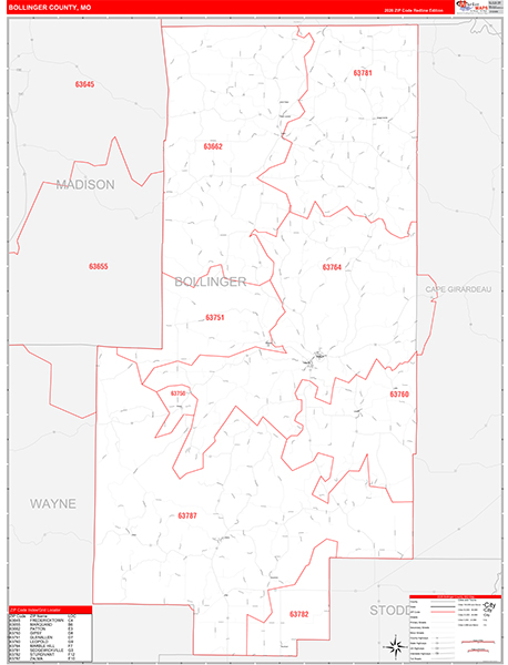 Bollinger County, MO Map Red Line Style