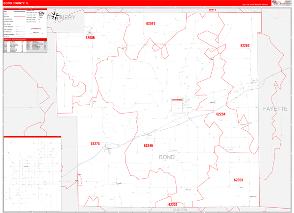 Bond County, IL Wall Map Red Line Style