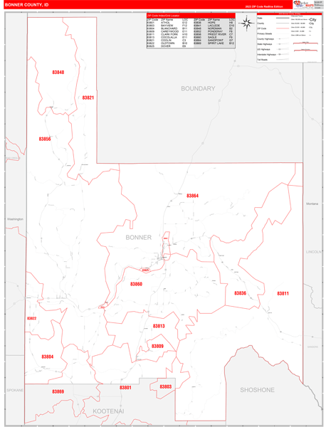 Bonner County Wall Map Red Line Style