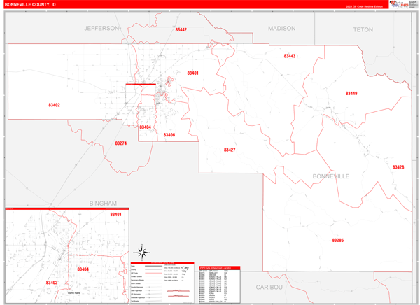 Bonneville County Wall Map Red Line Style