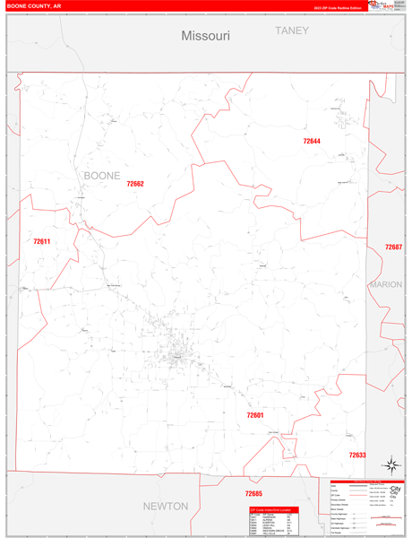 Boone County, AR Wall Map Red Line Style