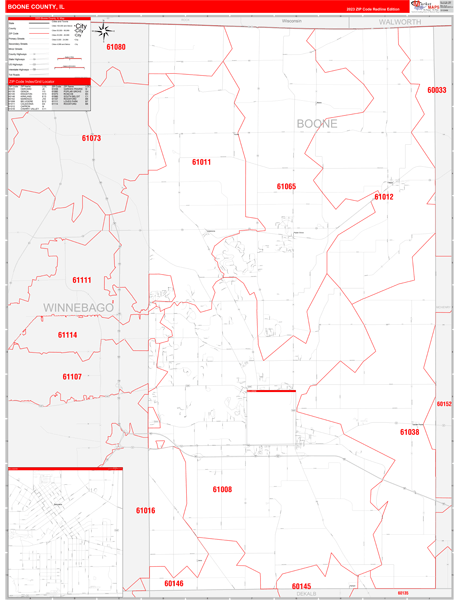 Boone County, IL Wall Map Red Line Style