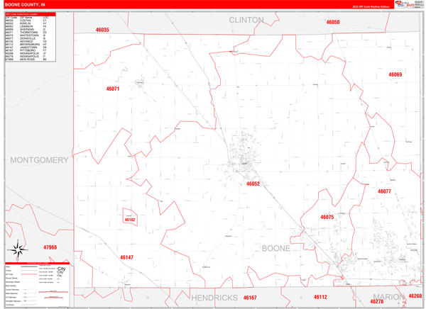 Boone County, IN Map Red Line Style