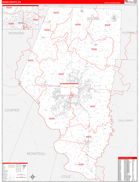Boone County, MO Map Red Line Style