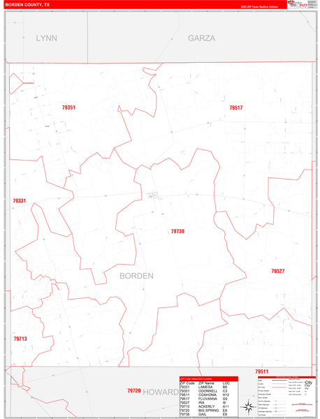 Borden County, TX Wall Map Red Line Style