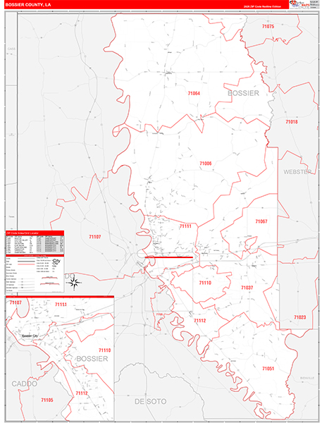 Bossier Parish (County), LA Wall Map Red Line Style
