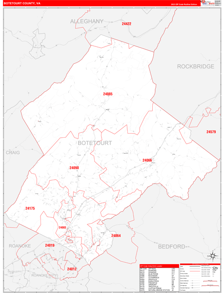 Botetourt County, VA Wall Map Red Line Style