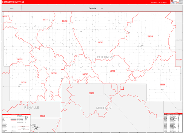 Bottineau County, ND Wall Map Red Line Style