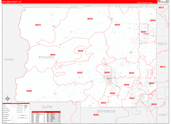 Boulder Co Zip Code Map Boulder County, CO Zip Code Wall Map Red Line Style by MarketMAPS