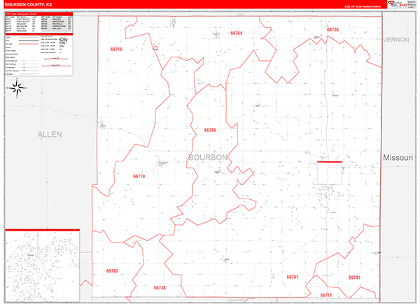 Bourbon County, KS Zip Code Wall Map