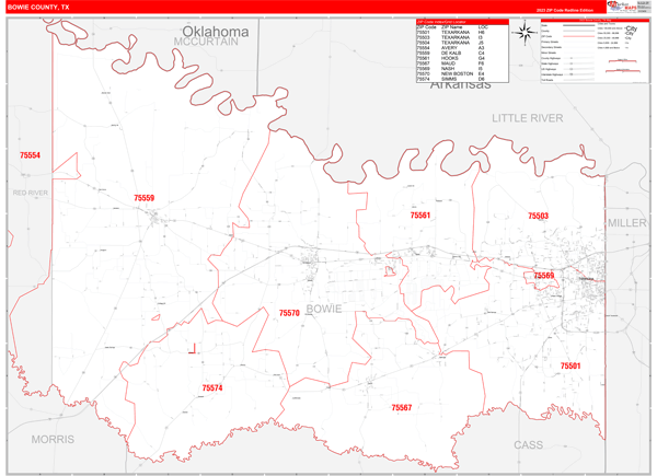 Bowie County, TX Zip Code Wall Map