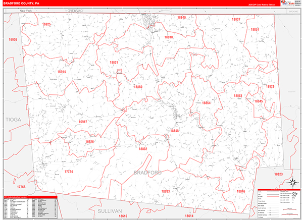 Bradford County, PA Wall Map Red Line Style