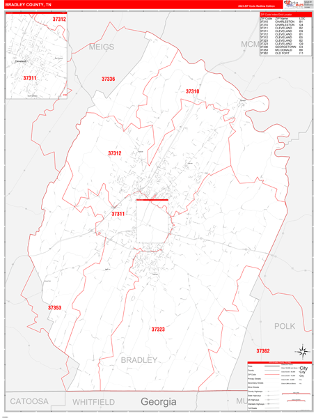 Bradley County, TN Zip Code Wall Map Red Line Style by MarketMAPS