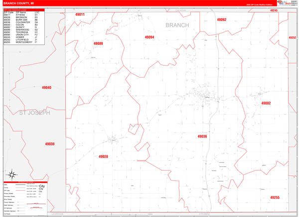 Branch County Wall Map Red Line Style