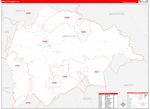 Breathitt County Wall Map Red Line Style