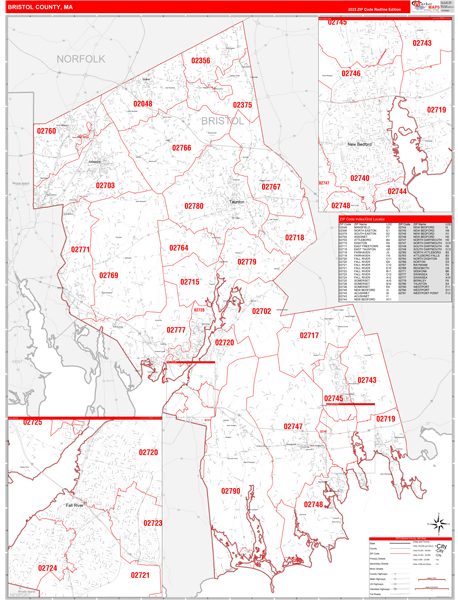 Bristol County Ma Zip Code Wall Map Red Line Style By Marketmaps