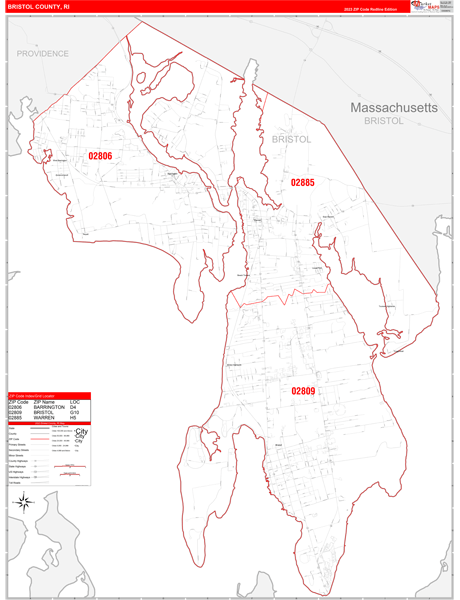 Bristol County Ri Zip Code Wall Map Red Line Style By Marketmaps