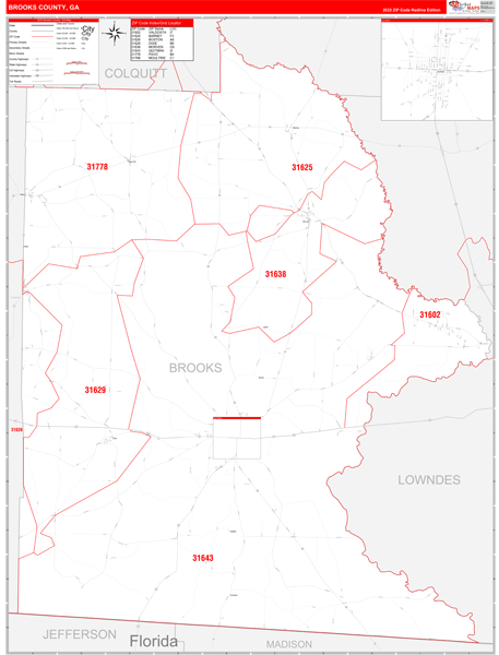 Brooks County, GA Wall Map Red Line Style