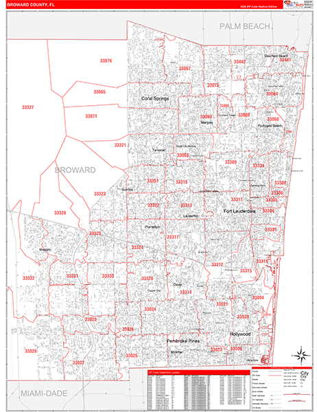 Broward County, FL Zip Code Wall Map