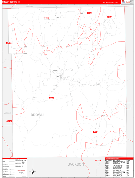 Brown County, IN Map Red Line Style