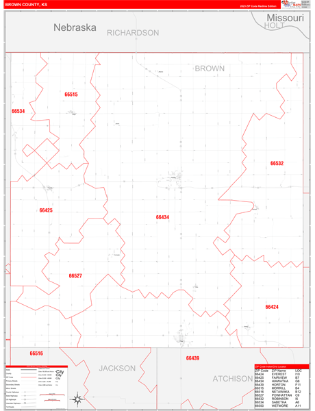 Brown County, KS Wall Map Red Line Style