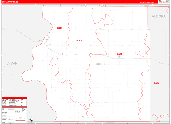 Brule County, SD Wall Map Red Line Style