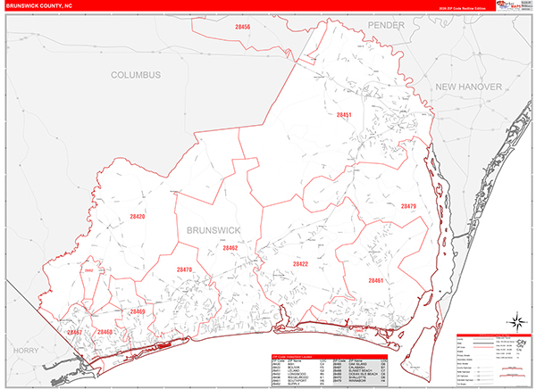 Brunswick County Wall Map Red Line Style