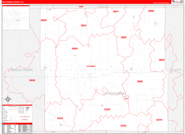Buchanan County, IA Wall Map Red Line Style