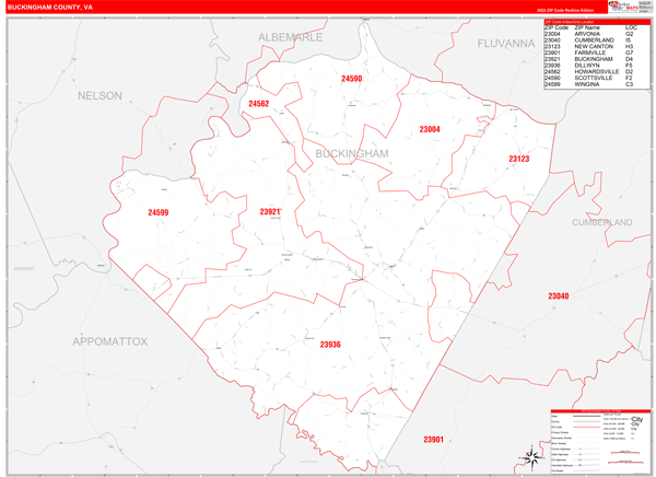 Buckingham County, VA Zip Code Wall Map