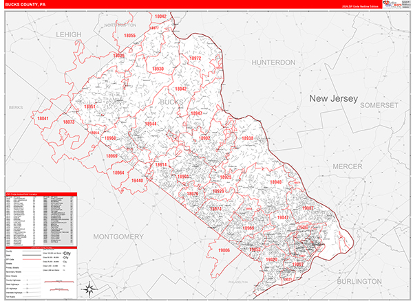 Bucks County, PA Wall Map Red Line Style