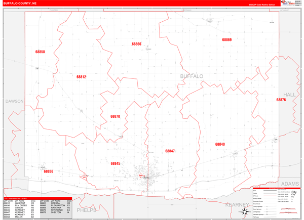 Buffalo County, NE Wall Map Red Line Style